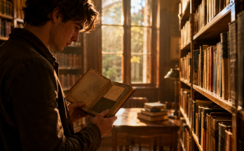 Young woman holding an old library book with a hidden note inside in a warm vintage library.