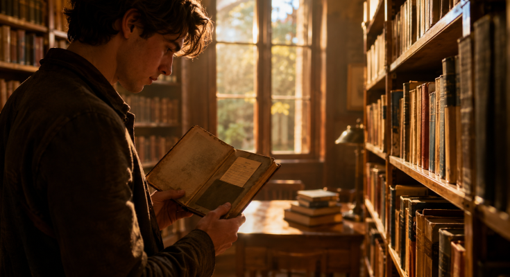 Young woman holding an old library book with a hidden note inside in a warm vintage library.