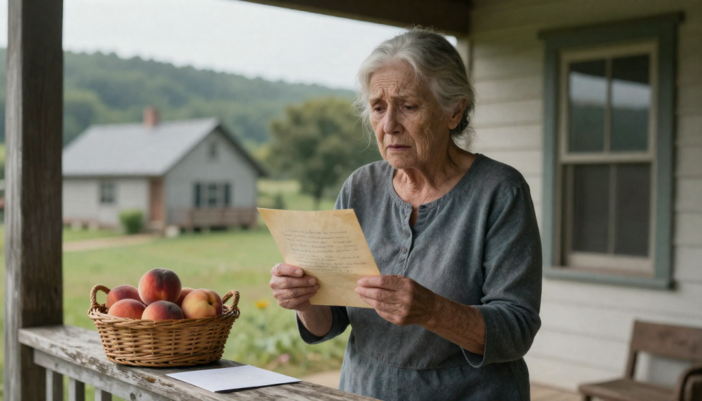 An elderly woman reads a letter on her porch near a basket of peaches.