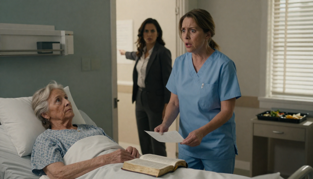 Nurse in blue scrubs reacts in shock, holding a paper near an elderly patient in bed with a green plastic tray on a table.