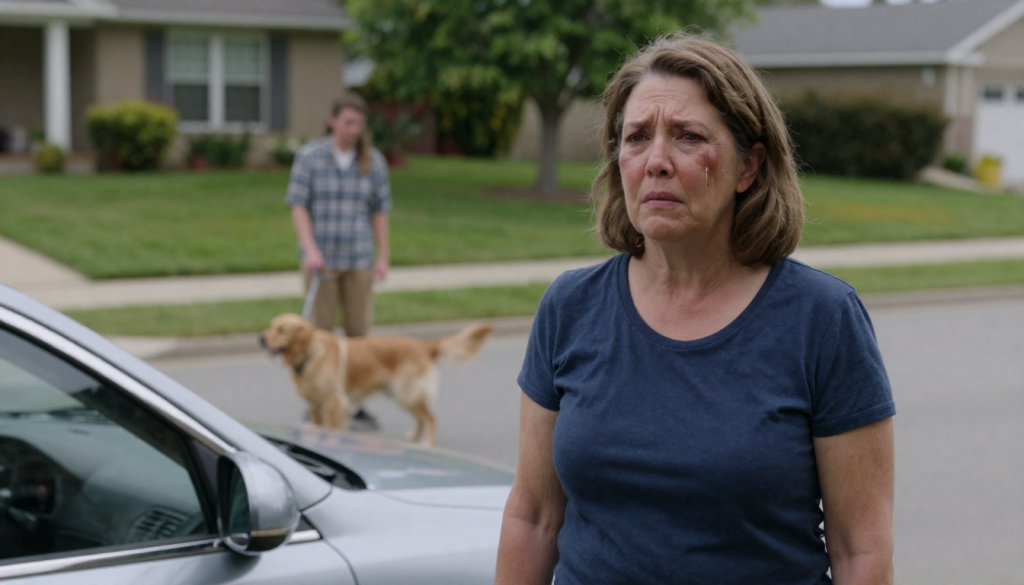 A crying woman with a facial injury stands outside next to a car, while a man walks a dog in the background.