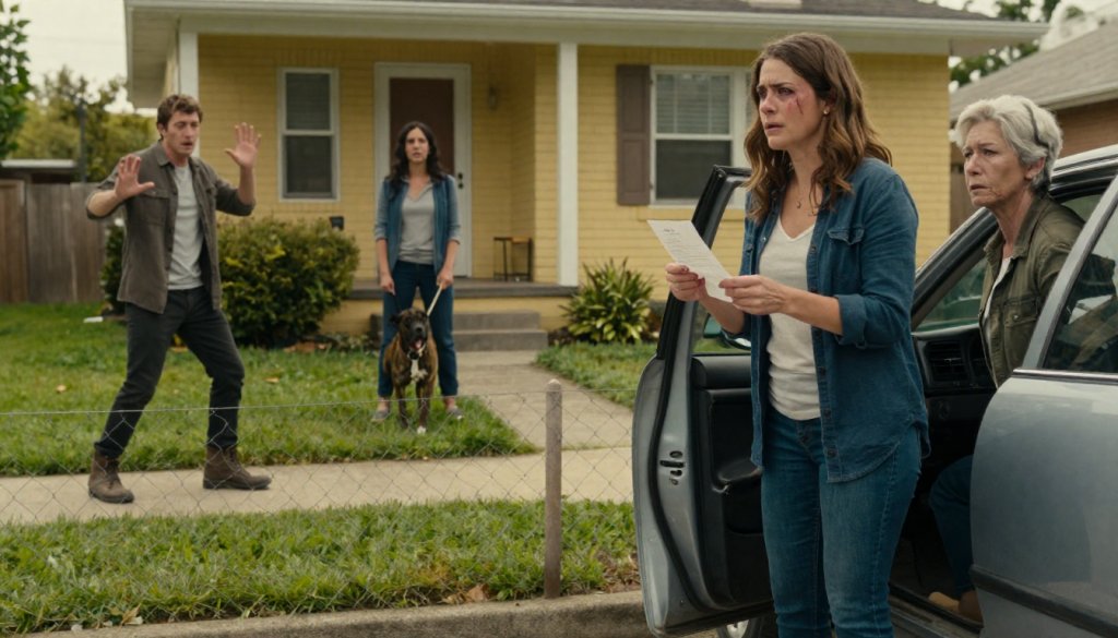 A woman holding a document near a parked sedan on a quiet side street, with two people and a dog by a house behind her.