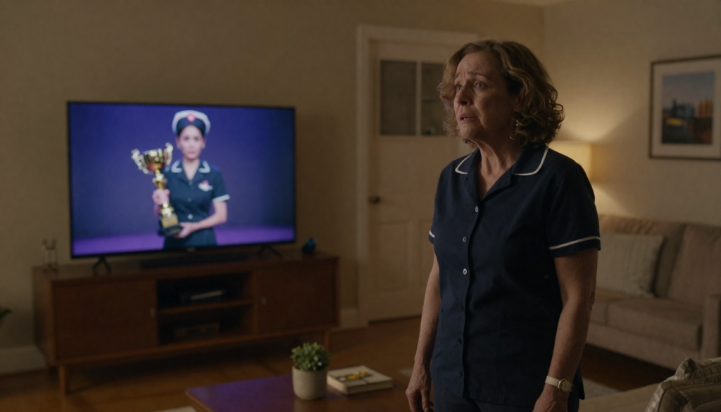 An older woman in a blue uniform stands in a living room, looking distraught at a nurse on TV holding a trophy.