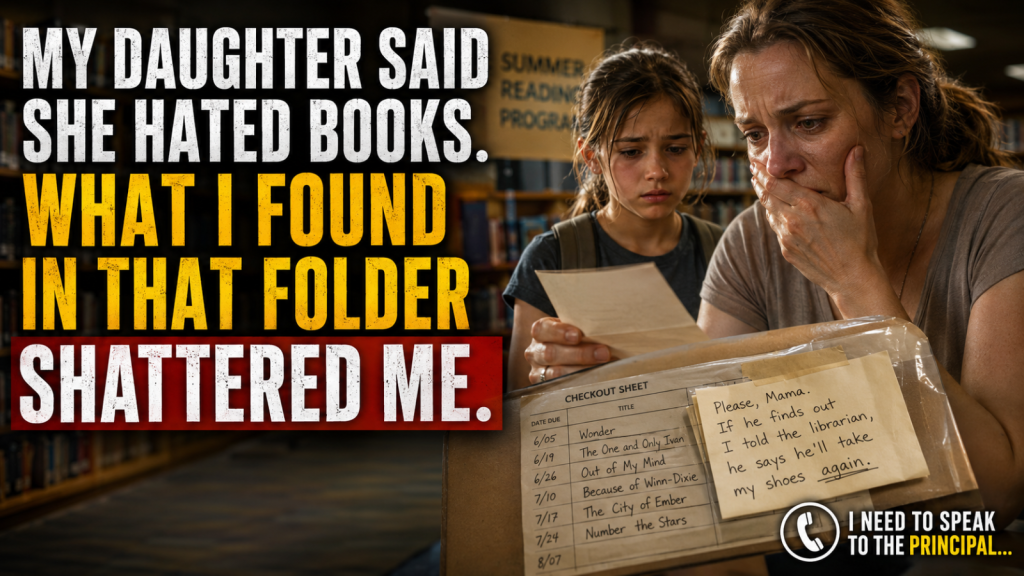 A mother and daughter look horrified at a library checkout sheet with a desperate handwritten note.